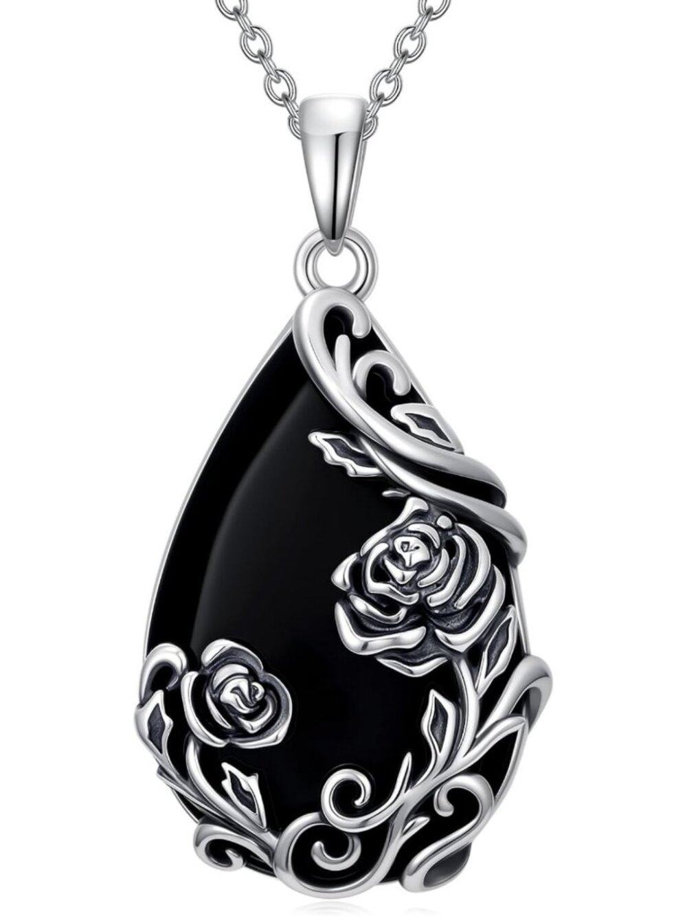 Elegant Black Onyx Teardrop Necklace for Women - 925 Sterling Silver Flower